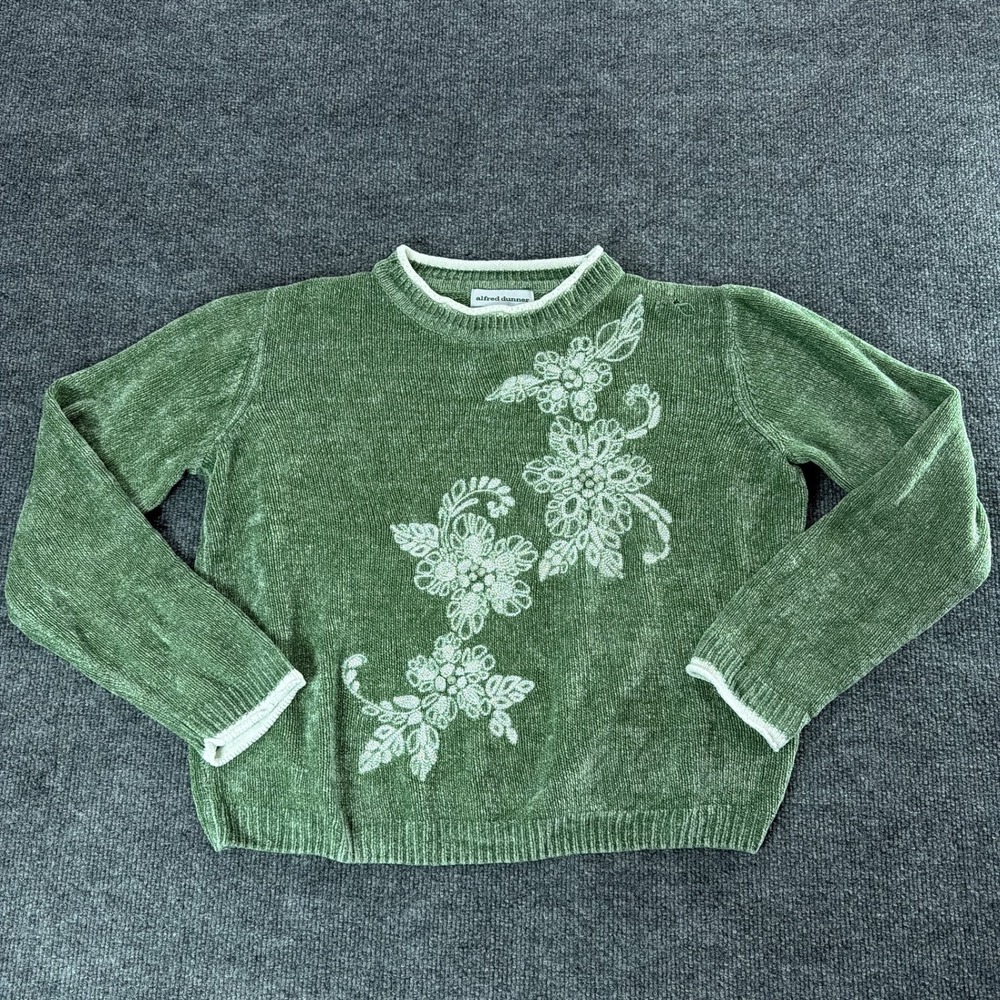 VTG Alfred Dunner Petite Green Chenille Floral Embroidered Beaded Sweater Fall